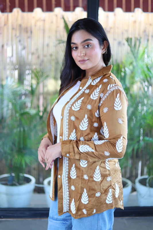Zohra Sepia Brown Satin Shirt Shrug