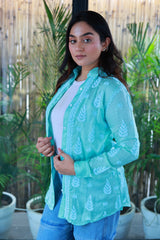 Zohra Sea Green Satin Shirt Shrug