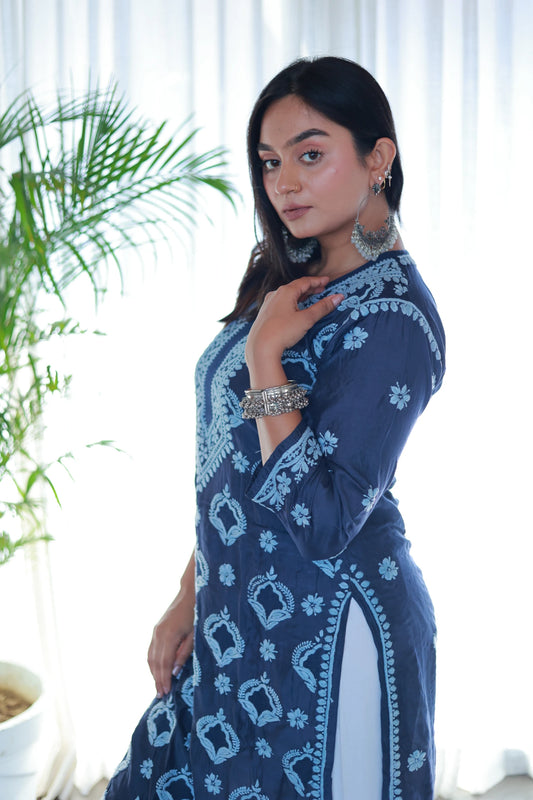 Guzaarish Navy Blue Muslin Jaal Kurti