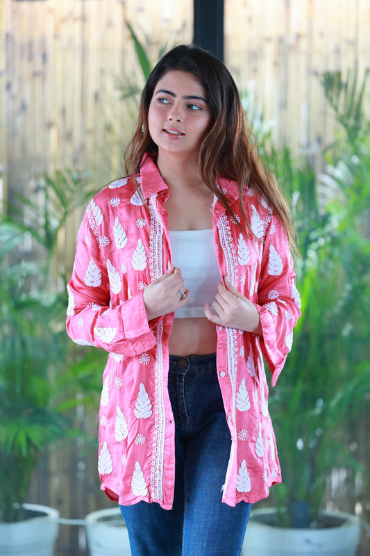 Zohra Gajari Pink Satin Shirt Shrug