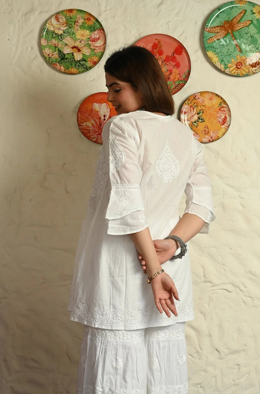 Israh Mul Cotton Top With Bell Sleeves & Mukesh Work