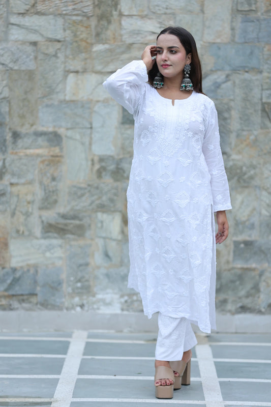 Pure White Muslin Silky Kurti With Crosia Jaal Work
