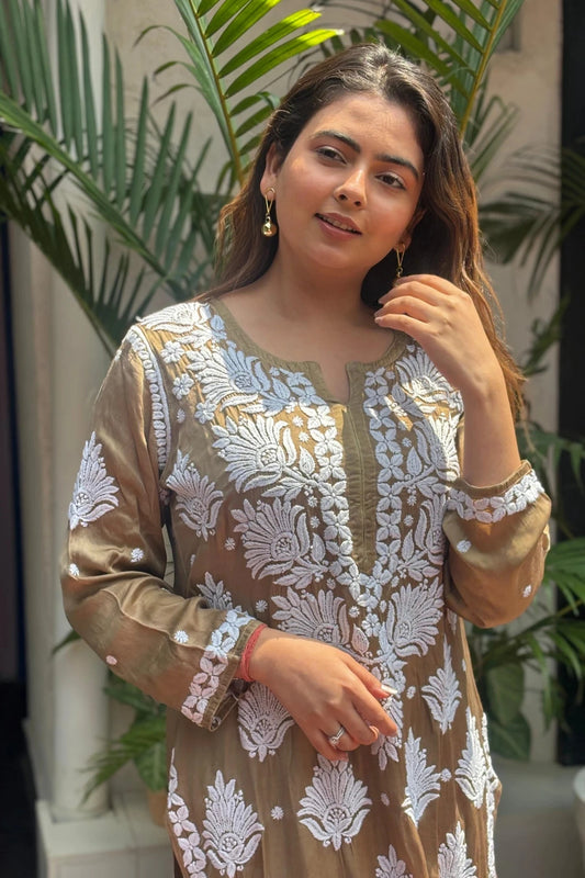 Husn Brown Satin Kurti
