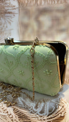 Elegant Hand Embroidered Pista Green Chikankari Floral Clutch